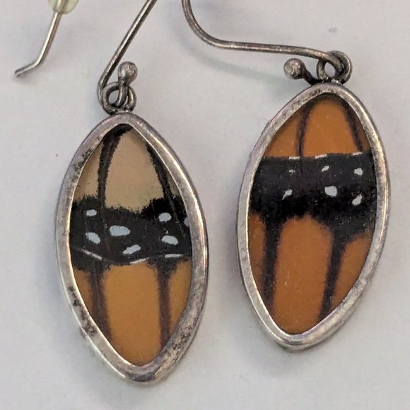 Artisan Monarch Butterfly Wing 925 Sterling Silver Dangle Drop Pierced Earrings - Picture 3 of 4